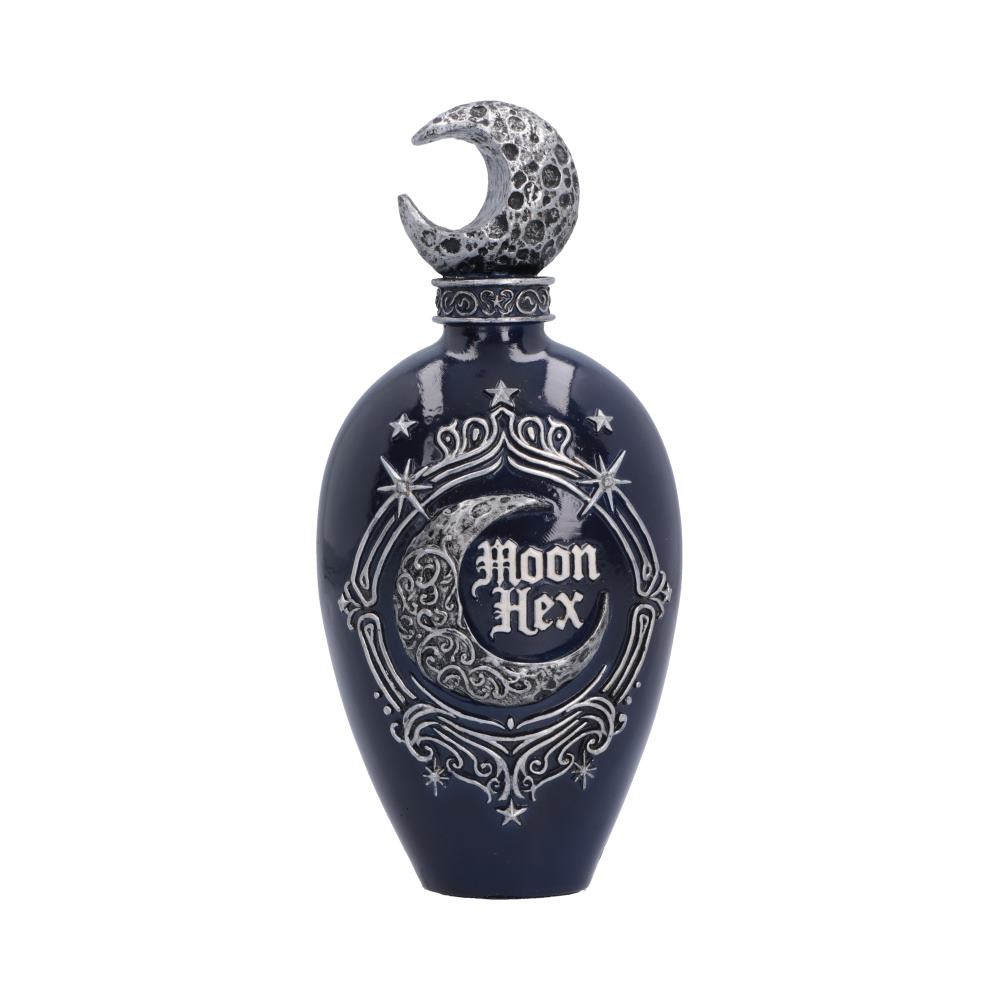 The Moon Hex Bottle Figurine from Nemesis Now’s House of Obscura range is a mystical lunar-themed collectible designed to resemble an enchanting potion bottle. Measuring 9.9cm tall, it is cast in high-quality resin and expertly hand-painted, featuring an intricate celestial pattern surrounding a crescent moon, the words "Hex Moon" displayed on the front, and a beautifully sculpted crescent moon cap. Supplied in a protective branded gift box, it is perfect for celestial décor lovers, fantasy enthusiasts, gothic collectors, and fans of witchcraft-inspired artwork. This charming figurine brings a touch of moonlit magic and mystical elegance to any collection or display.