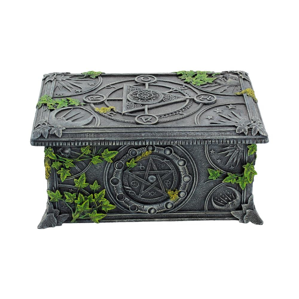 Cast in the finest resin and created by Nemesis Now, this box is a fantastic gift for those in your life with the power of fortune telling. Each side has a pentagram at the centre, surrounded by astrological symbols and the phases of the moon. With the sun and moon emblazoned in the corners, the top has an alchemical symbol of power, surrounded by celestial orbs. Alchemical symbols border the rim, while ivy and lichen creep over the whole, giving it the appearance of an ancient stone altar in the depths of a magical Fantasy forest. Spacious enough to comfortably hold your favourite deck of tarot cards, this piece is perfect for setting the mood for any reading, adding to the already mystically charged atmosphere.