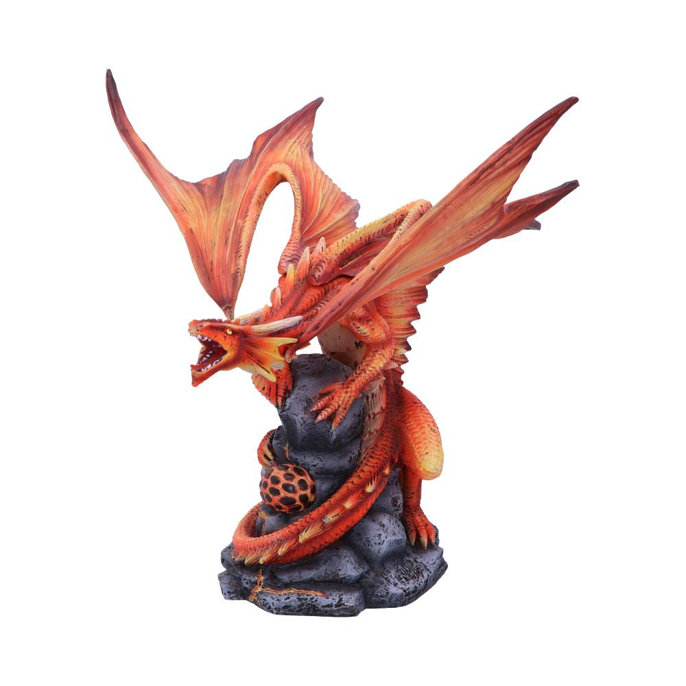From Gothic and Fantasy artist Anne Stokes comes the Age of Dragons range. The figurine depicts the adult Fire Dragon stood atop a molten rock formation. Her wings are raised behind her, making it easy to define the ombre red and orange scales that cover her body. A small egg rests on the rock and resembles lava rock and is said to be very hot. Cast in the finest resin before being hand-painted, this product is perfect for any Dragon enthusiast.