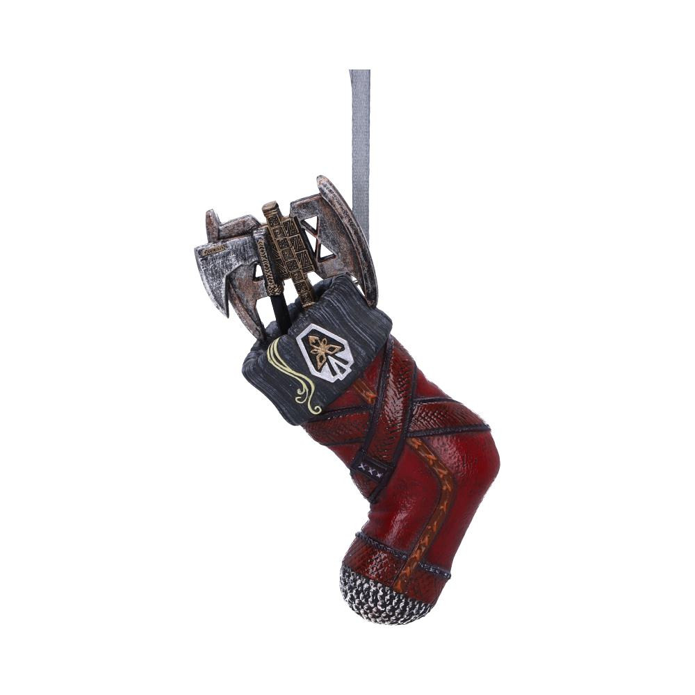 Travel the mystical worlds of Middle Earth with Nemesis Now’s officially licensed Lord of the Rings Gimli™ Stocking Hanging Ornament. Inspired by Gimli's™ red leather armour, this hanging ornament features the instantly recognisible symbol which feautres on the front of Gimli's helmet, alongside his battle axes, which can be seen emerging from the stocking. Cast in the finest ‘Elvish’ resin before being expertly hand-painted, this exquisitely designed piece is the perfect addition to any Lord of the Rings collection.