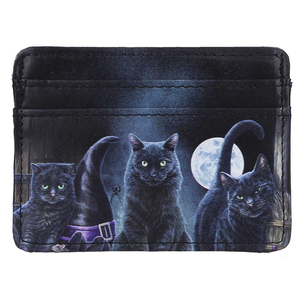 The Familiars Card Holder is a compact and mystical accessory featuring fantasy artwork by Lisa Parker. It showcases three black cats beneath a moonlit sky, with a witch's hat and purple buckle adding a magical touch. The artwork is mirrored on both sides, and the interior includes multiple card slots for storing essentials. Packaged in a protective gift box it’s ideal for fantasy lovers, cat enthusiasts, and those drawn to witchy or gothic style. Carry a little magic with you wherever you go with this charming and practical card holder.