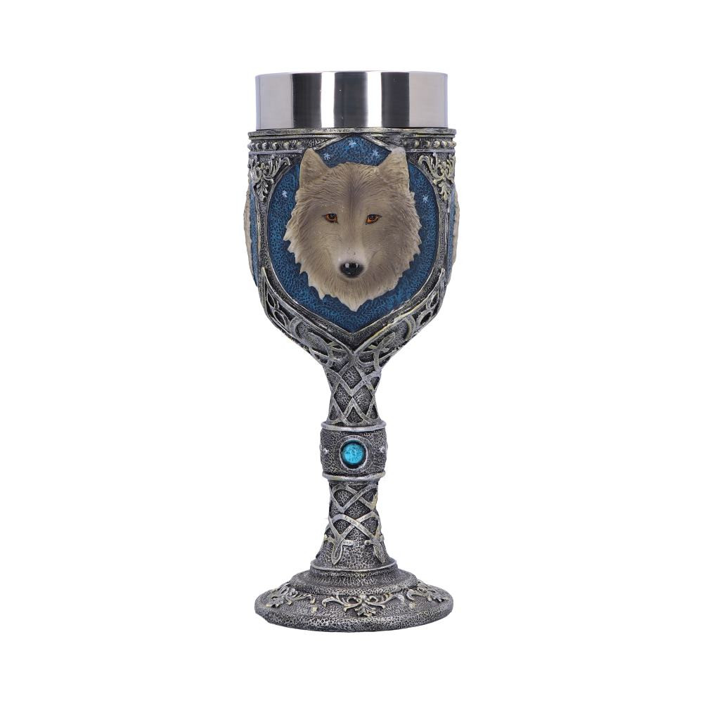 This Fantasy wolf goblet is cast in the finest resin before being lovingly hand-painted. The body of this piece is silver and covered in repeating Celtic knot patterns. The pattern is interrupted on the sides by a large blue oval, in the centre of which is a large grey wolf's head, staring out with red eyes and preternatural wisdom. With a removable stainless steel insert for ease of cleaning, this chalice is perfect for those who feel the call of the wild with every swig.