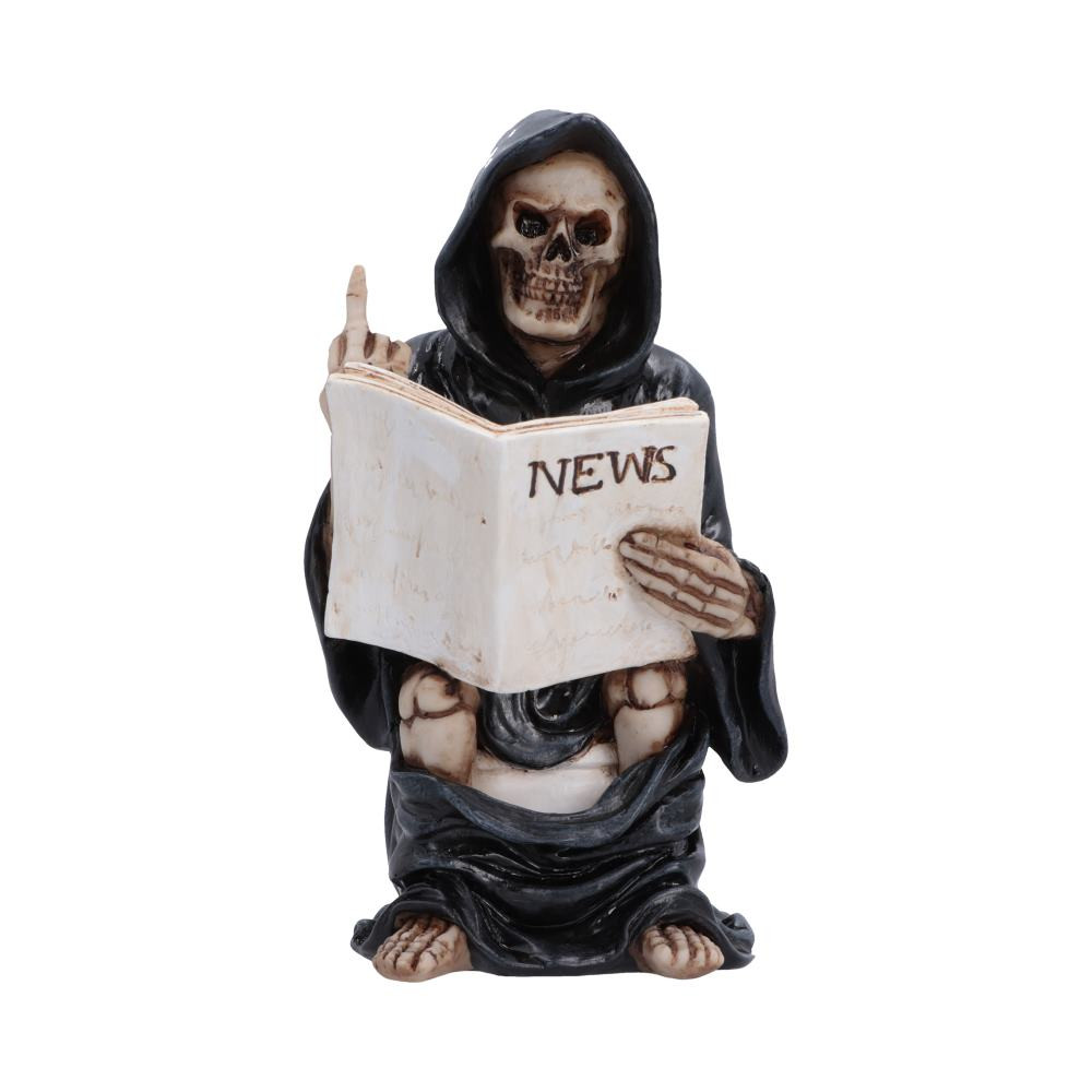 Final Flush is an original figurine that combines gothic imagery with bold, irreverent humour, depicting the Grim Reaper in a light-hearted bathroom scene. Featuring a detailed reaper seated on a toilet, reading a newspaper while giving a cheeky gesture with the other hand, it is cast in high-quality resin and stands at 16.2cm tall. Each piece is carefully hand-painted to highlight its expressive detail and comes securely packaged in a branded gift box, making it ideal for gifting or display. Perfect for gothic decor lovers, collectors of humorous figurines and fans of alternative home accessories, Final Flush is a standout piece that adds a playful and memorable edge to any collection.