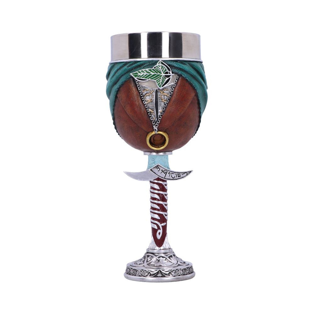 The stem of this Goblet is formed by the short-sword Sting, which Bilbo Baggins passed to his cousin Frodo. Featuring Frodo’s green cloak, the front of his brown buttoned blazer above his off-white shirt and the One Ring hanging from a chain around his neck. The iconic Leaf of Lorien is placed just below the upper rim and forms the perfect centrepiece. This exquisitely designed piece is cast as well as the finest ‘Elvish’ resin before being expertly hand-painted.