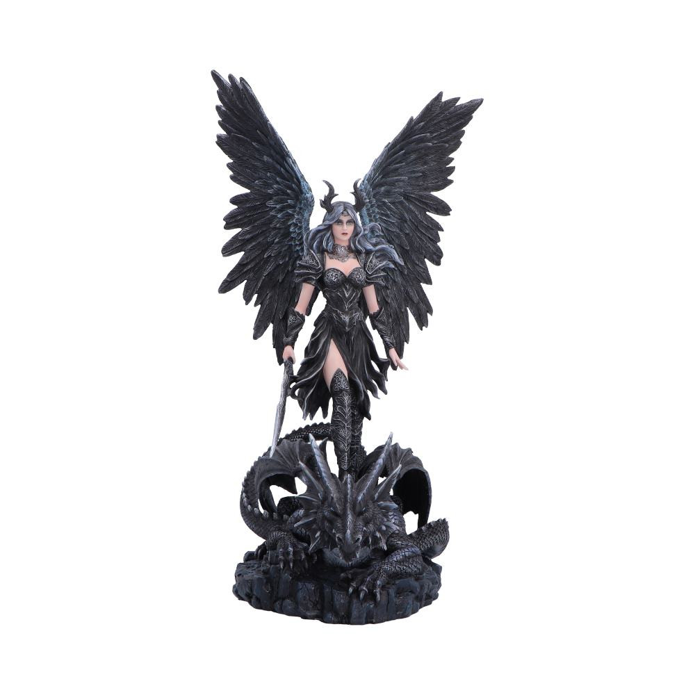 Blackwing Sovereign is an originally designed figurine depicting an imposing Gothic angel standing in a powerful and commanding pose. Featuring a black colour scheme with grey accents, a flowing black dress, vast wings and a blade held firmly in hand, the design is completed by a rocky base where a scaled dragon rests beneath her, creating a fearsome and mystical scene. Carefully hand-painted and cast in the finest polyresin, the figurine is securely packaged to ensure it arrives in perfect condition. Ideal for fans of gothic decor and fantasy statement pieces.