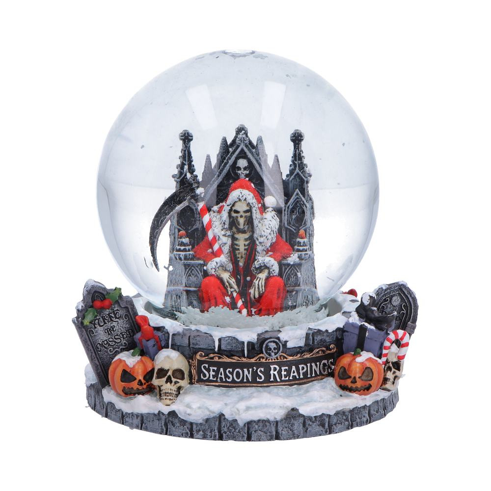 The Seasons Reaping snow globe is an exclusive piece from Nemesis Now’s Silent Nightmares collection, showcasing a haunting Santa Reaper seated on a gothic throne for a dark twist on festive decor. Rich in detail, the base features pumpkins, skulls, tombstones, and a snowy finish, while inside the globe, the intricately crafted Santa figure wields a candy-cane scythe. Cast in high-quality resin and hand-painted, it creates a mesmerising snowfall effect when shaken. Securely packaged to ensure safe arrival, it’s ready to display or gift straight out of the box. Ideal for lovers of gothic style, alternative Christmas decorations, and dark fantasy collectibles, this striking piece adds a bold and eerie charm to any festive setting, perfect for making your holiday decor truly unforgettable.
