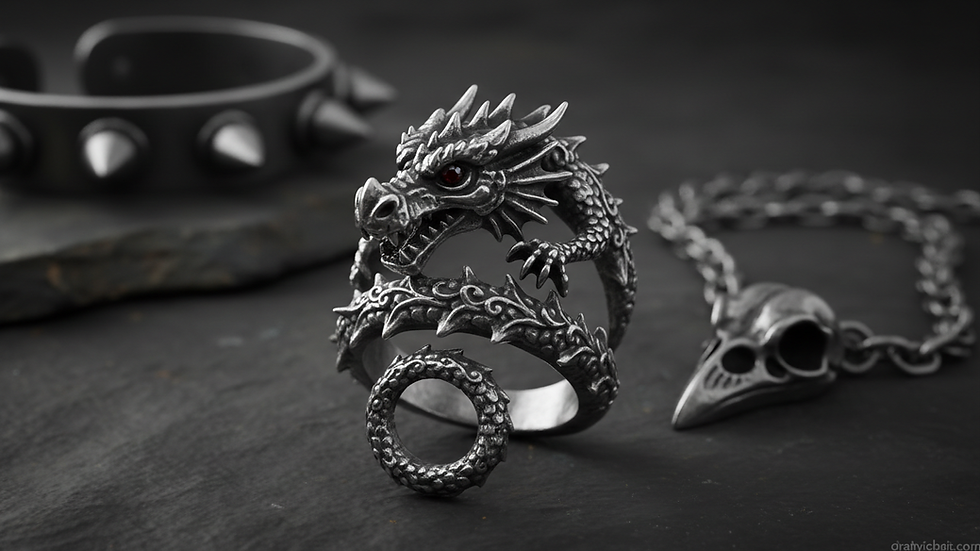 Close-up view of a gothic silver ring with a dragon design