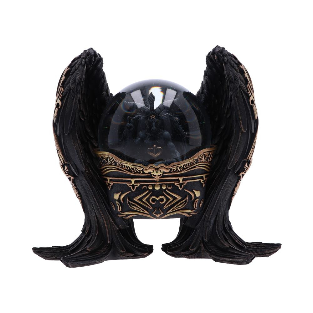 Add a gothic touch to any space with this Baphomet Antiquity Snow Globe. Baphomet sits cross-legged inside the globe, whilst large gothic wings surround and hold it up. Ornate gold symbology cover the wings, as well as the base of the globe. Cast in the finest resin with a glass globe before being expertly hand-painted, this Baphomet Antiquity Snow Globe will make the perfect centrepiece in any gothic home.