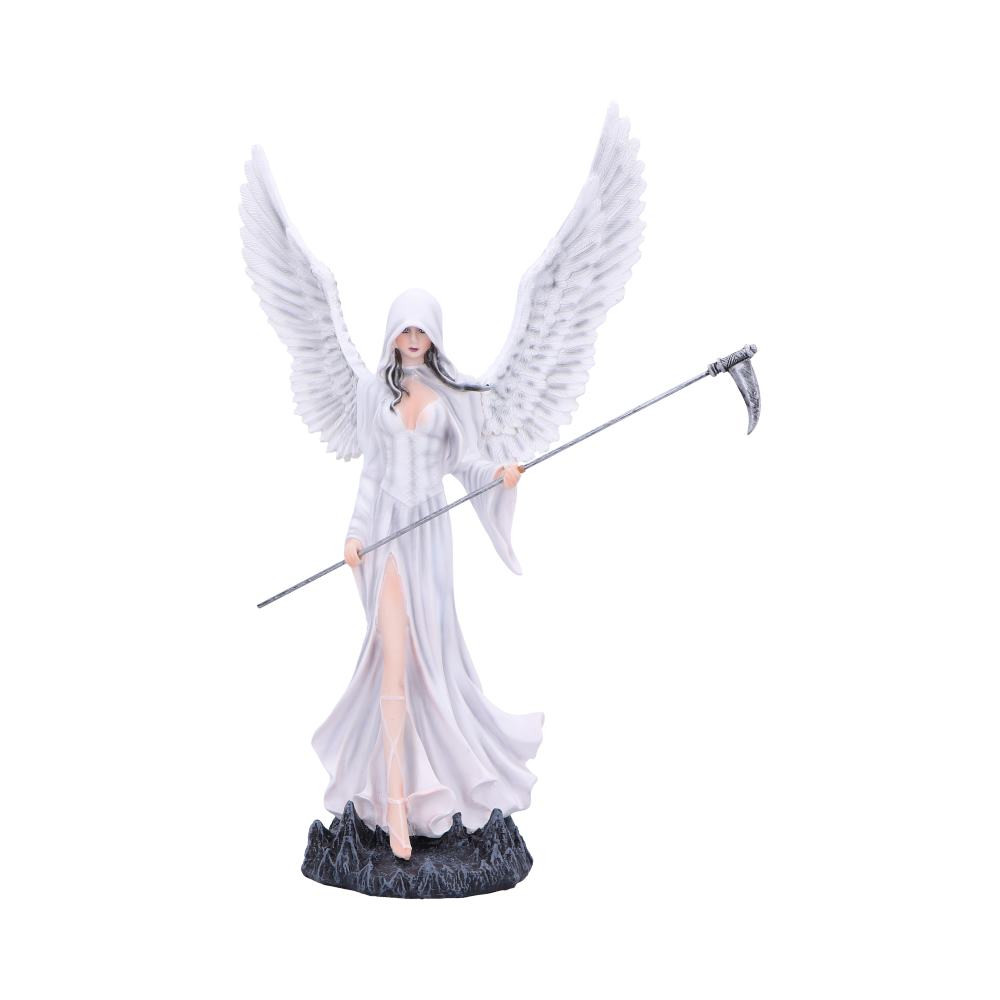 Mercy (Small) – Gothic Angel Figurine for Mystical Displays Mercy (Small) is a white-robed angel figurine holding a scythe, complete with feathered wings and hooded detail. Compact and sculpted in resin, it suits gothic, fantasy, or mystical décor setups. Ideal for shelf and gift displays.