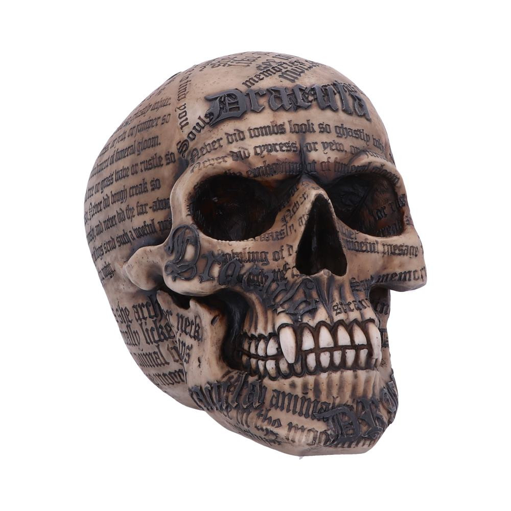 Covered in quotes from Bram Stoker's Dracula, this skull was created by Gothic masters Nemesis Now. Convincingly realistic, this skull sports a pair of pointed canines, ready to puncture your skin and drain your blood! Cast in the finest resin before being expertly hand-painted, this skull would make the perfect addition to any horror collection.