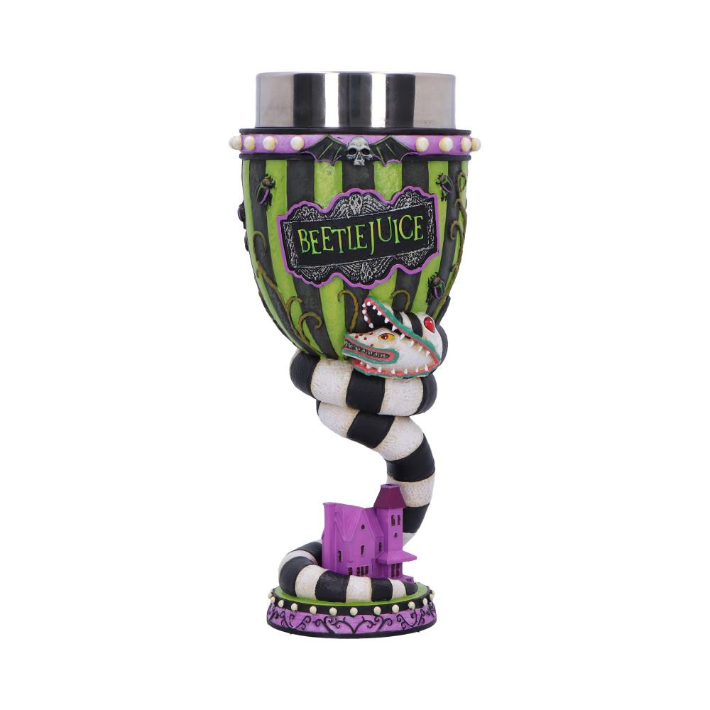 This officially licensed Beetlejuice Goblet is a must-have for fans of the cult classic film. Featuring a hand-painted, sculpted resin base with vivid green and purple colours, and the iconic two-headed sandworm wrapped around the handle and a stainless steel insert, it’s both functional and collectible. Packaged in an officially licensed display box with protective inserts, it's perfect for gifting or displaying. Ideal for movie lovers, horror fans, and Halloween enthusiasts, this goblet adds a spooky twist to any collection. Bring home a piece of the afterlife—perfect for sipping in a strange and unusual style!