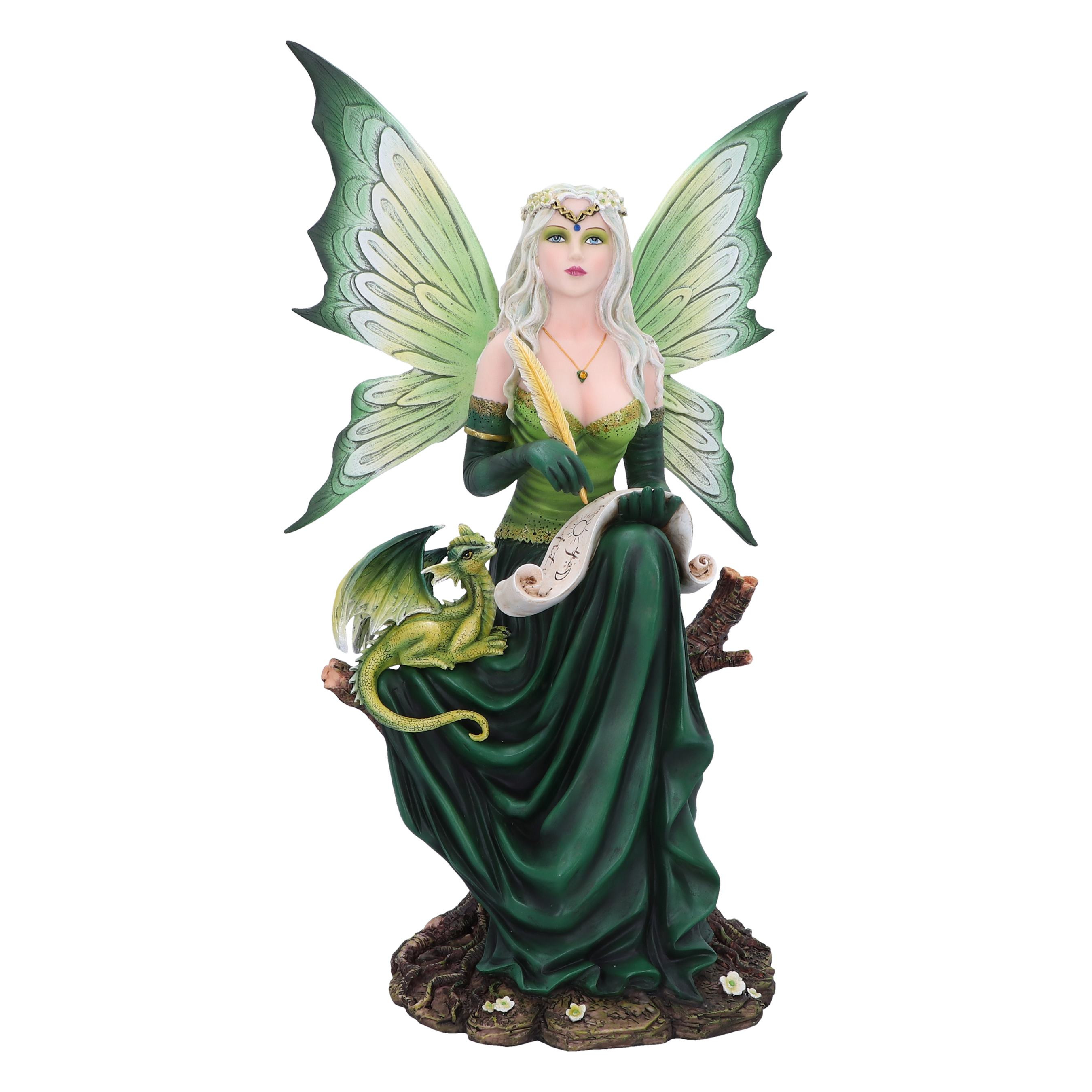 Enchant your customers' world with our Giada Fairy Figurine. Poised gracefully upon delicate branches, she holds a scroll and feather pen, radiating an aura of wisdom and magic. A friendly dragon perches beside her, captivated by her presence. Cast in the finest resin and expertly hand-painted, this breathtaking figurine is the perfect piece for fantasy and fairy lovers alike!