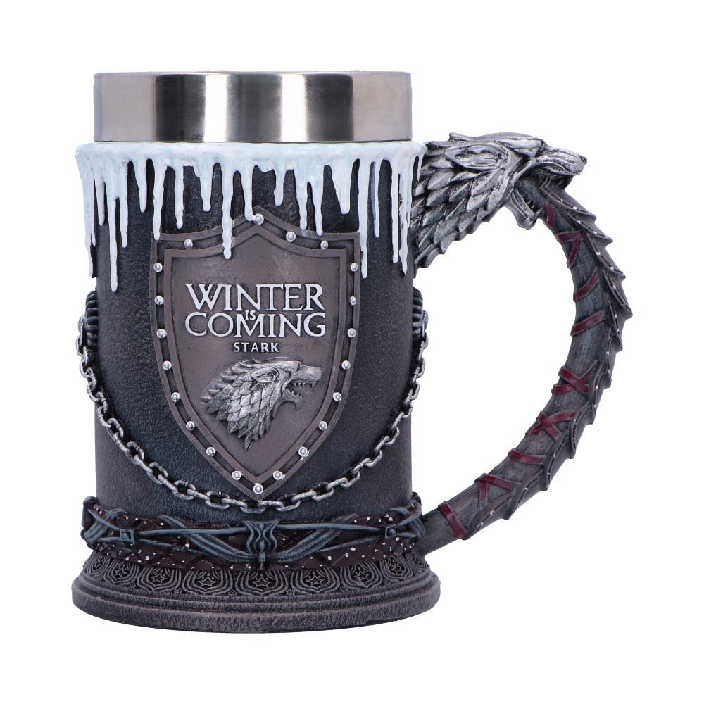 This 14.7cm tall House of Stark tankard is a striking collectible inspired by the noble Northern house from Game of Thrones. Featuring a detailed “Winter is Coming” design, this sculpted dire wolf and snow-dusted accents around the rim blend bold fantasy aesthetics with functional drinkware. Packaged in an officially licensed collector's box, it’s perfect for gifting or display. Ideal for fans of the series, fantasy collectors, and lovers of medieval style, this tankard lets you raise a toast like a true Stark, loyal, fierce, and ready for winter.