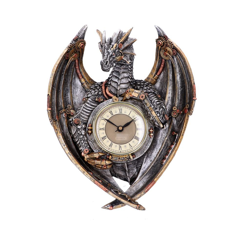 Take control of your time with this fantastic wall clock from alternative brand Nemesis Now's giftware collection! This clock is guarded jealously by a clockwork Dragon, golden cogs and brass rivets sitting on top of their metallic scales. Talons curled around the clock possessively, his wings are raised in a threat display. Cast in high-quality resin before being painstakingly hand-painted, this majestic clock can adorn any wall. ** To change the battery** Pull the clock face out of the front of the piece and turn over to reveal the battery compartment. Replace the battery with 1 x AA battery.