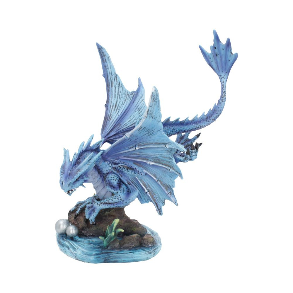 From Gothic and Fantasy artist Anne Stokes comes the Age of Dragons range. The figurine depicts the adult Water Dragon stood atop a rock formation in midst of a whirling pool. Her wings are spread wide, making it easy to define the icy blue scales that cover her body. A small egg rests in the water and resemble large pearls. Cast in the finest resin before being hand-painted, this product is perfect for any Dragon enthusiast.