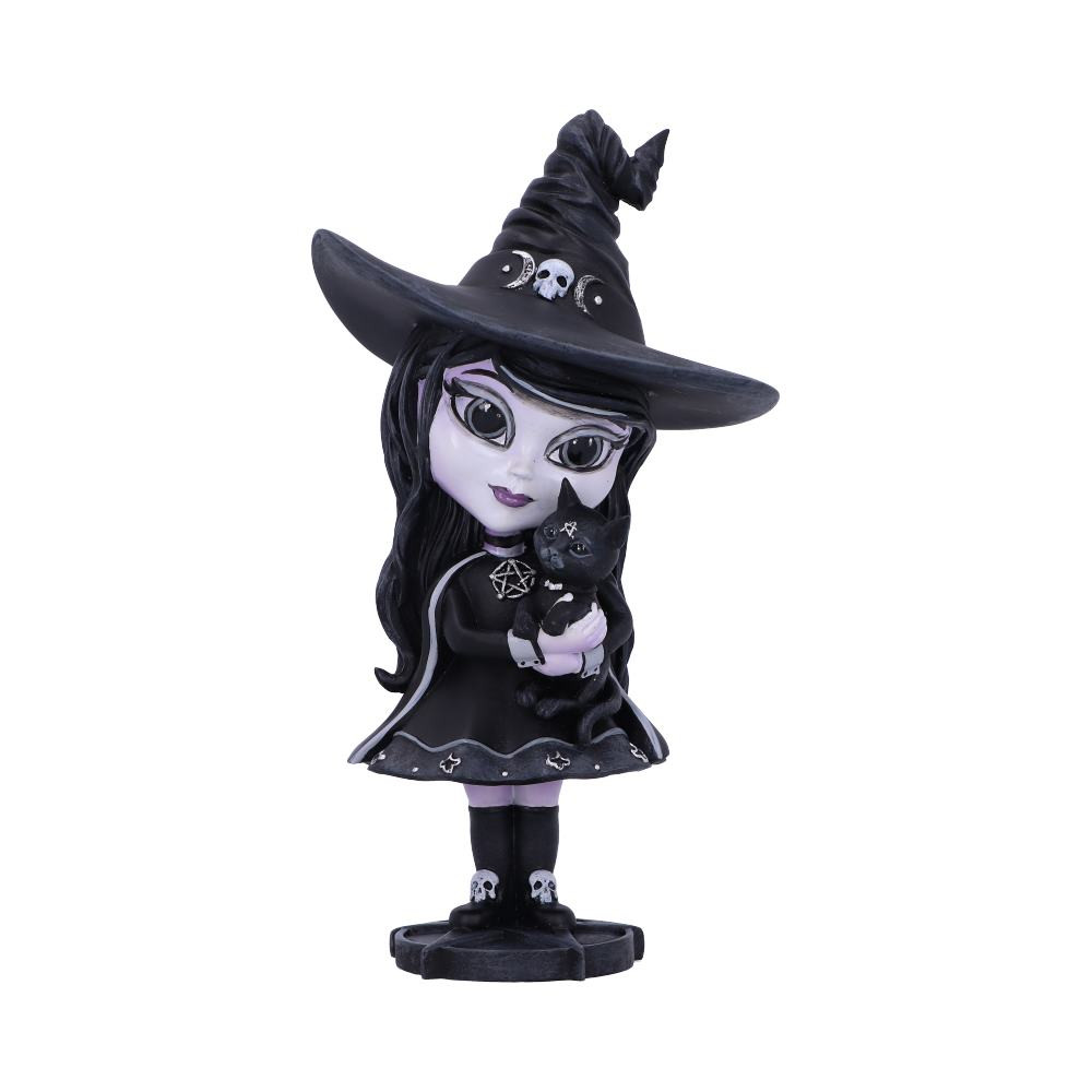 This adorable cult cutie Witch can be seen wearing a black cape and witches hat, whilst cuddling her feline companion. Decorated in ornate silver detailing and occult symbology, stood upon a pentagram stand. This figurine has been cast in the finest resin before being carefully hand-painted and is likely to be the cutest occultist you've ever seen. Making it the perfect addition to any alternative home or gothic collection.