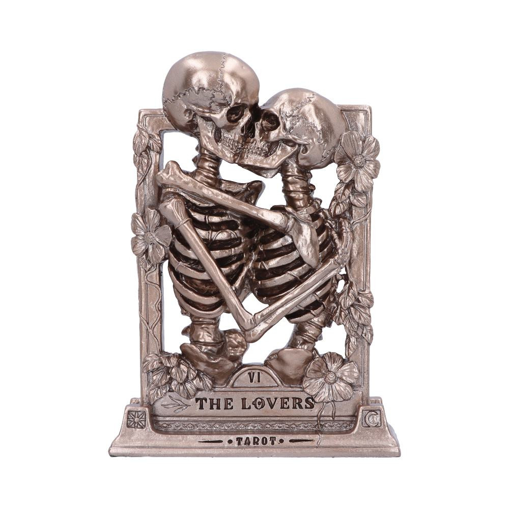 Featuring two skeleton lovers holding one another in their arms as they share a kiss. Surrounded by a frame with flowers and foliage with the base of the frame displays the words 'The Lovers'. Cast in the finest resin before being finished in bronze, this ornament will make the perfect gothic gift.
