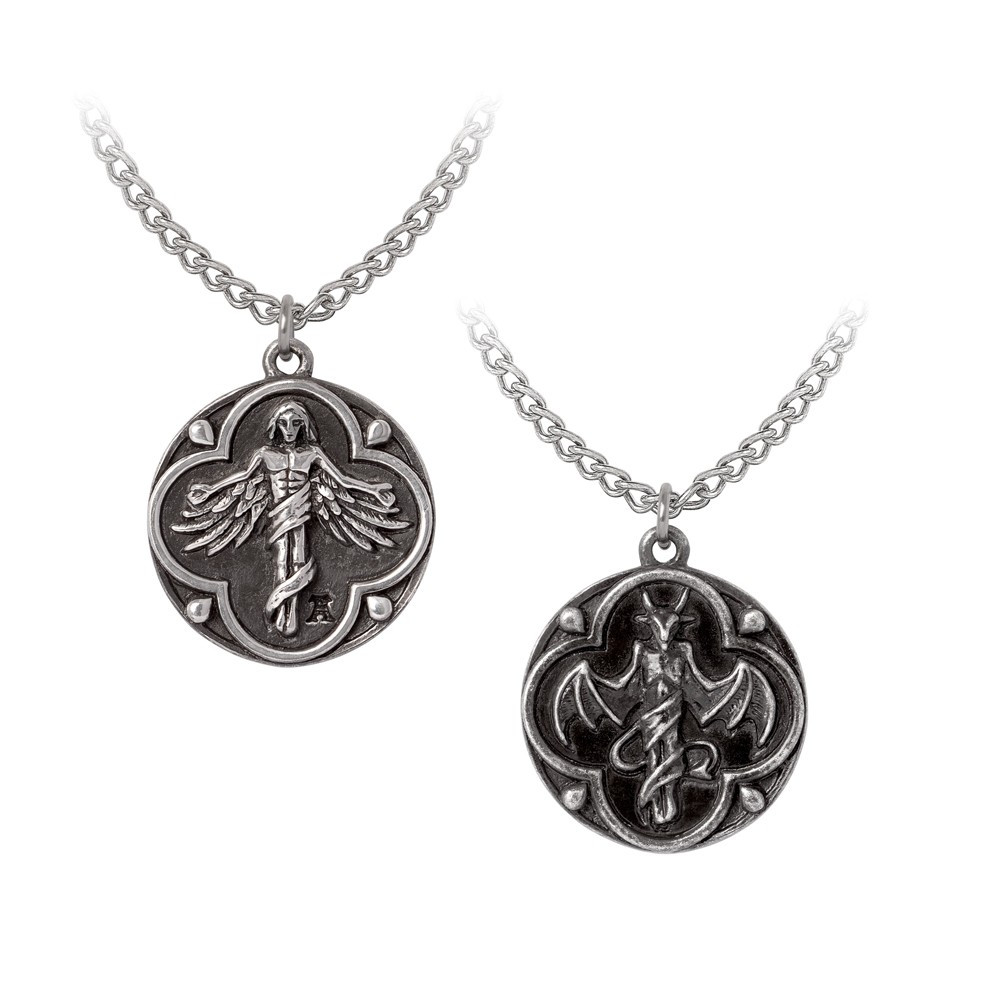 Saint Levantius is the patron saint of mystics, alchemists and occultists and his clandestine amulet has been worn since the age of antiquity as a protective phylactery. It invariably features the mercurial demon Asmodeus on the reverse side and in doing so symbolises beginnings, endings, balance and duality in all things. It is worn to show fealty and beseech his angelic blessings, yet if worn in reverse it will call upon the lord of chaos to reign down misfortune and calamity on a rival. Devotees place the talisman to their lips and whisper the epithet: 'Ut supra, Ut infra, As above so below'.