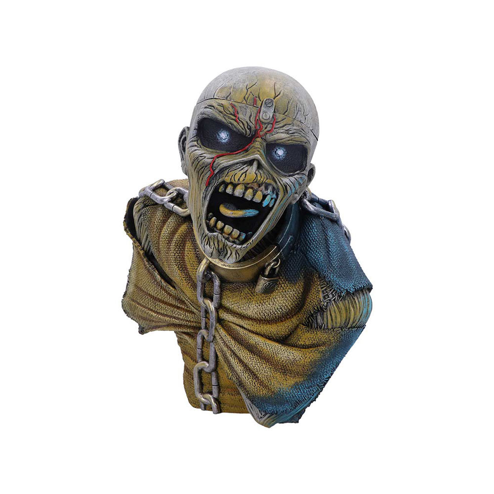 Show your allegiance to the Monsters of Rock with this electrifying and Officially Licensed Iron Maiden Piece of Mind Bust (Small). Featuring the bands music icon Eddie as he leans forward restrained by a straightjacket and chains. He can be seen intimidating anyone that passes by with his menacing stare. Cast in high-quality resin before being expertly hand-painted, this ideal piece of rock memorabilia will bring terror and excitement to any Maiden fan's soul.