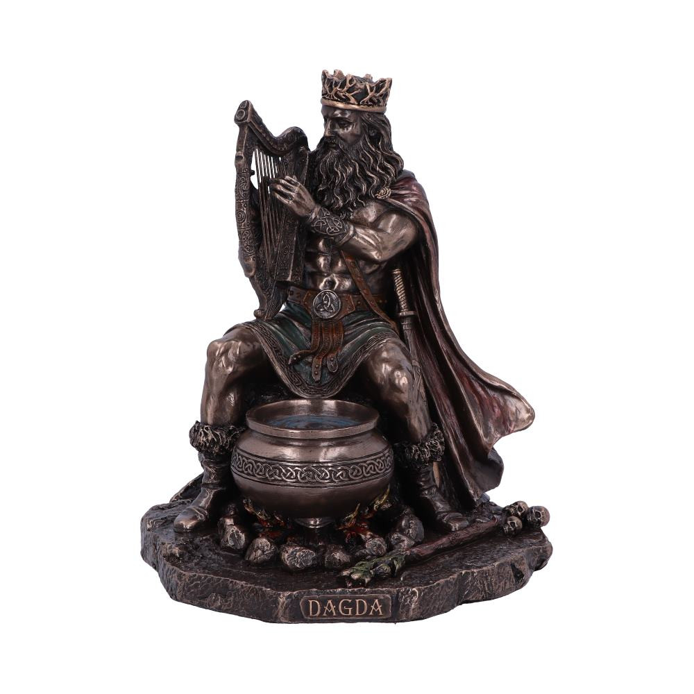 Cast in the finest resin before being given a bronzed finish, this mystical God is from alternative brand Nemesis Now's Giftware Collection. The Dagda, or “good god,” was a Celtic deity and the club-wielding chief of the Irish Tuatha dé Danann. Highly skilled and wise beyond measure, he was associated with fertility, agriculture, life, and death. He wielded three sacred treasures: a cauldron of plenty, a club of life and death, and a harp that controlled men and seasons alike, all of which can be seen in this image.