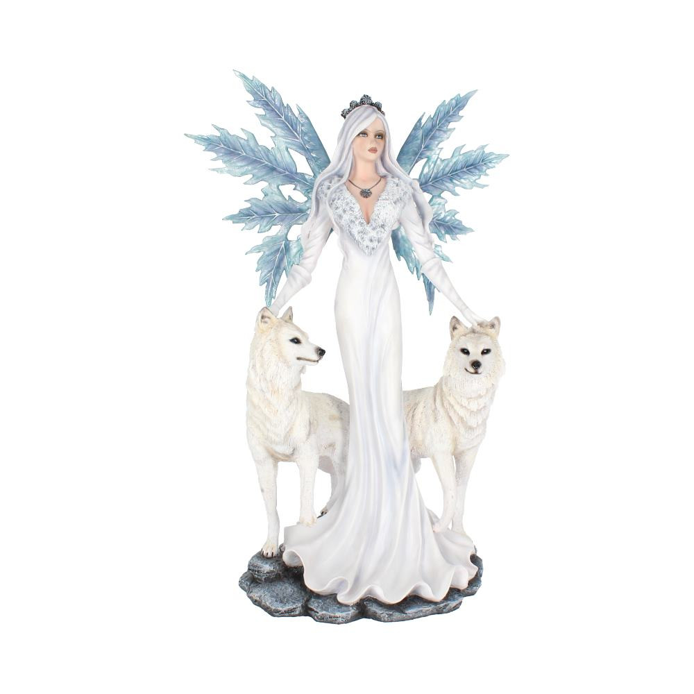 This beautiful Fairy figurine comes from alternative brand Nemesis Now. Standing proudly, this regal Fairy's long white dress flows down to the rocky floor, fur lining the neckline. A tiara encrusted with white diamonds sits atop her long white hair as she looks forward with royal disdain. Her icy blue wings stretch out behind her, the shape of frozen leaves covered in ice, as she places her hands on the heads of the two white wolves at her sides commandingly. Cast in the finest resin before being carefully hand-painted, this statuette is fitting for any queen of the winter.