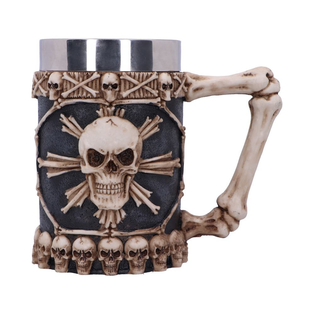 Cast in the finest resin before being painstakingly hand-painted, this menacing Gothic tankard is from alternative brand Nemesis Now's giftware collection. The base of this tankard is ringed with grinning skulls facing outwards. Above them, the sides bear a large skull, set in the centre of an 8-pointed star made of bones and ringed in a border of bones. Below the steel rim, crossed bones are separated by skulls. The handle is three sturdy bones, curving out and linked by ball joints. With a removable stainless steel insert for ease of cleaning, this tankard is the perfect gift for any thirsty necromancer.