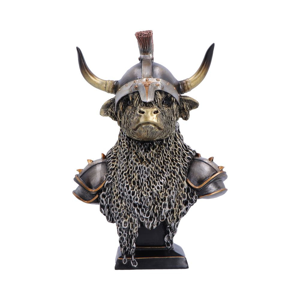 Highland Guard is an originally designed Armoured Highland cow display piece, reimagining the iconic breed as a noble warrior. Featuring the upper torso of a gold Highland cow adorned with classic chainmail, a striking horned helmet, and silver-toned armour with subtle coloured accents, it is cast in high-quality resin and expertly hand-painted for exceptional detail. Standing 26.7cm tall, this unique ornament is securely packaged to ensure safe arrival and makes a perfect choice for Highland cow lovers, fantasy decor enthusiasts, and anyone seeking a distinctive gift. Add bold character and legendary charm to your home with this unforgettable statement piece.
