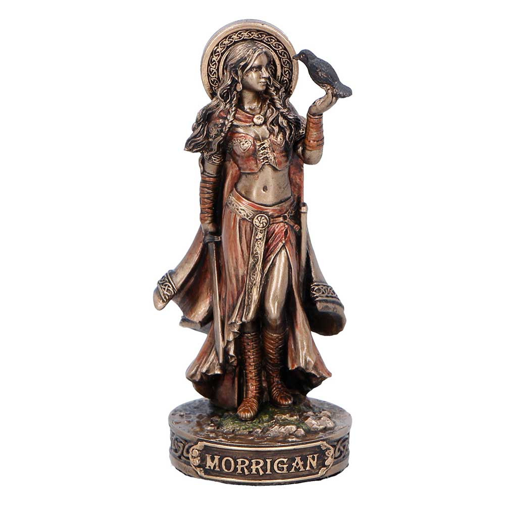 This beautifully crafted mini figurine from Nemesis Now depicts the Irish goddess Morrigan, a powerful figure of war and transformation, standing with a crow perched in her hand, a sword in the other. Cast in durable resin and hand-painted in bronze, brown, and deep red tones, the figurine showcases intricate detailing in her clothing, weapon, and the ornate base, which features her name. Packaged in a full-colour branded bow with a protective inner casing, it’s perfect for gifting or display. Ideal for fans of Celtic mythology, spiritual symbolism, and fantasy collectibles, this striking piece brings ancient legend and mystique into your space.