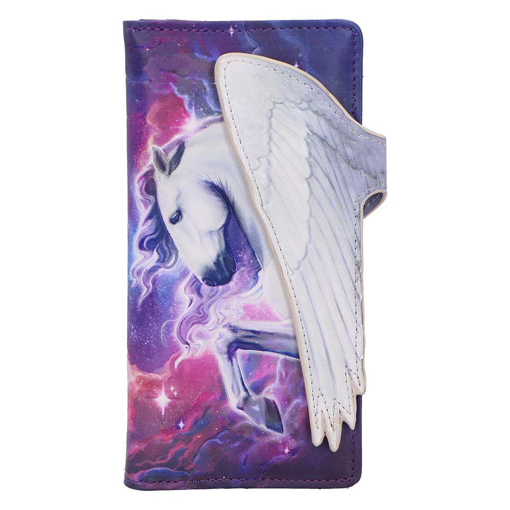 The Mythical Flight Embossed Purse from Nemesis Now is a stunning fantasy-themed accessory featuring a vibrant purple and pink night sky, a glowing full moon, and a beautifully embossed white winged unicorn. Spacious and stylish, it includes multiple slots for cards, coins, and notes, making it perfect for a gift or personal collection. Designed for unicorn lovers, fantasy fans, and anyone who enjoys magical statement pieces, this purse adds a touch of enchantment to your daily essentials.