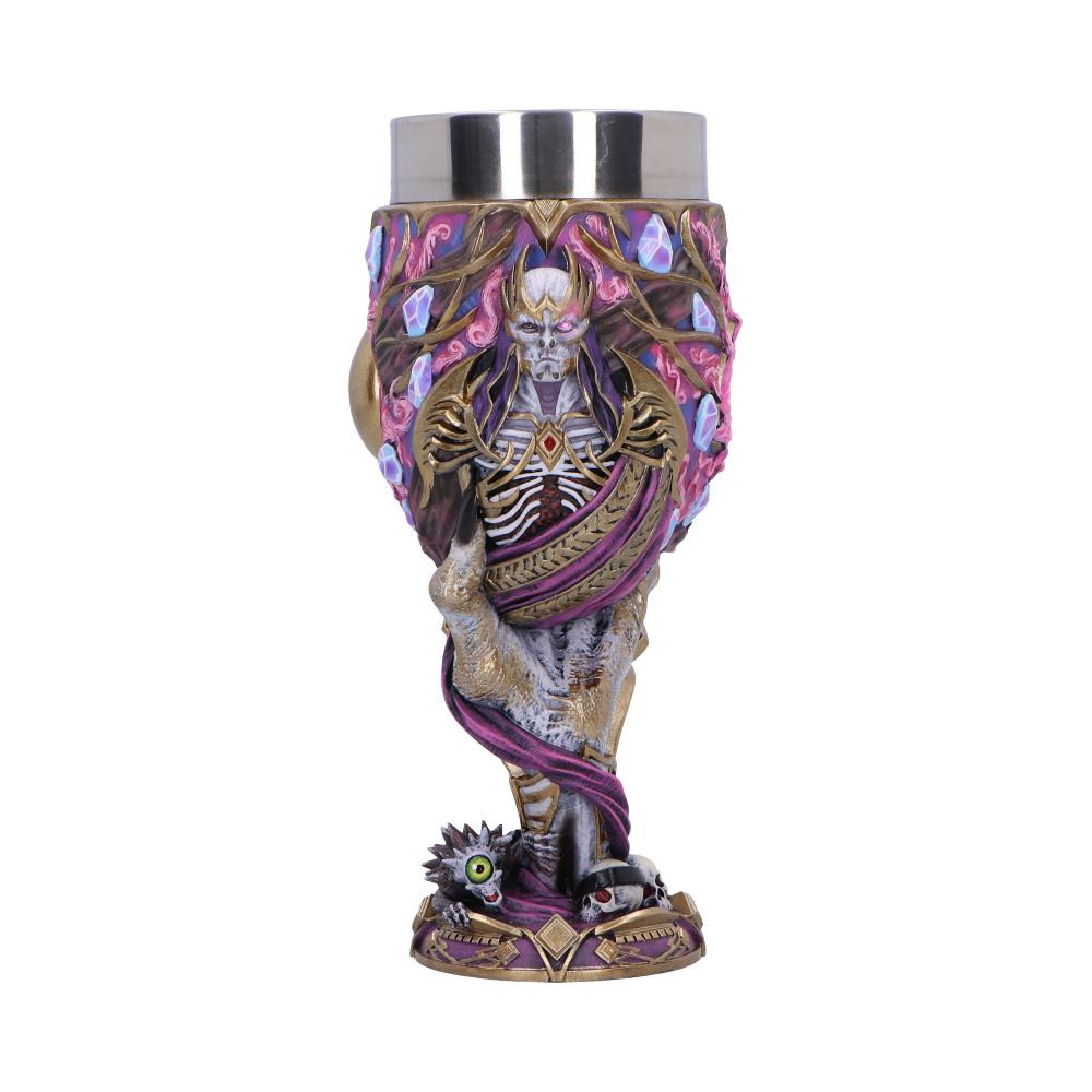 The Dungeons & Dragons Vecna Goblet is a darkly detailed collectible inspired by the infamous Archlich and god of secrets. Featuring a removable stainless steel insert for easy cleaning and hand-painted resin exterior adorned with skulls, bones, purple accents, and Vecna’s iconic eye and hand, it’s both functional and fearsome. Packaged in an officially licensed gift box with proactive inserts, it's ready for gifting or display. Perfect for D&D fans, fantasy collectors, and lovers of gothic decor, this goblet lets you raise a toast to the darker powers of the multiverse.