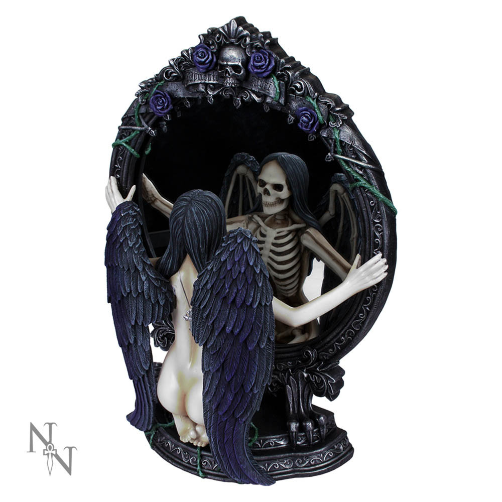 Created by Gothic masters Nemesis Now, this dark Fantasy-inspired figurine is a reminder of the futility of vanity in the face of eternity. Made from the highest-quality resin and hand-painted, a young black-winged angel is depicted kneeling before a mirror, only to find the face of the Grim Reaper staring back at her. This item can be a fantastic conversation piece, spurring philosophical discussions about the nature of life in your living room. A perfect present for the deep thinker in your life!