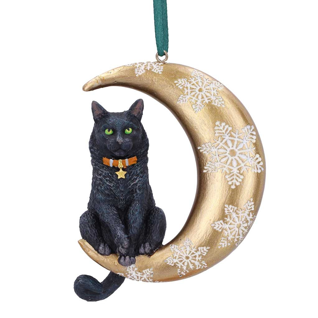 This Moon Cat Hanging Ornament designed by artist Lisa Parker. A small black cat with neon green eyes and a star collar, sits comfortably on the end of a crescent moon, decorated in metallic gold with delicate white snowflakes. A perfect hanging decoration for any feline lover.