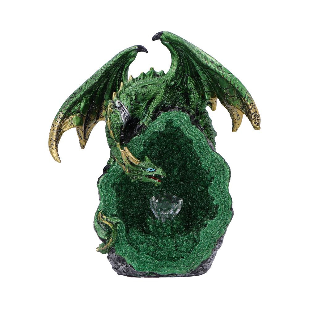 The Emerald Overseer is a hand-painted green dragon figurine with a built-in LED-lit crystal centerpiece. Cast in resin and finished with rich metallic tones, it’s a magical display item perfect for fantasy-themed gift shops and gothic interiors.