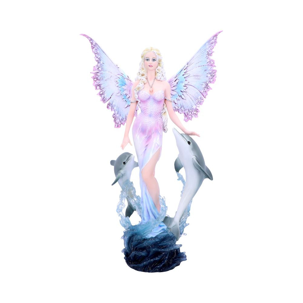 From Fantasy brand Nemesis Now, this beautiful piece would make a welcome addition to any Fairy display. A platinum-haired Fairy emerges from beneath the waves of the clear ocean, her bright wings raised to the sky. Dressed in a sheer, skin-tight pastel gown, spirals of saltwater caress her legs as two dolphins leap from the water to greet her. Cast in the finest resin before being hand-painted, this piece would make the perfect gift for anyone wanting to add a little magic into their life.