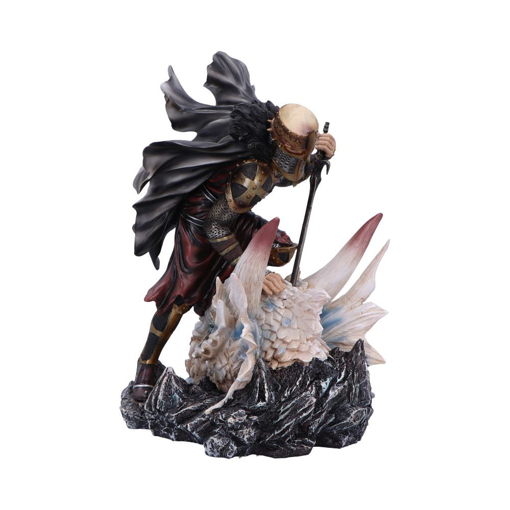The Price of Valour – Kneeling Knight with Slain Dragon Figurine The Price of Valour is a resin figurine of a knight kneeling over a fallen dragon. Finished in gold, black, and pale bone tones with a textured base. Ideal for fantasy, medieval, or mythical-themed displays.