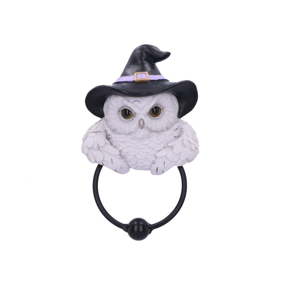 Introducing to you this adorable snowy owl door knocker. Staring forward, with a pointed black witch's hat atop of their head. They grip a metal ring with their wings, which is weighted to produce a loud knock. Cast in the finest resin before being carefully hand-painted, this piece is the perfect addition to any alternative home or owl lovers' collection.
