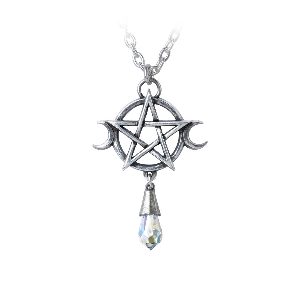 Combining fire, water, earth, air and spirit with Wicca's triple moon, and a crystal to focus your magickal energies.