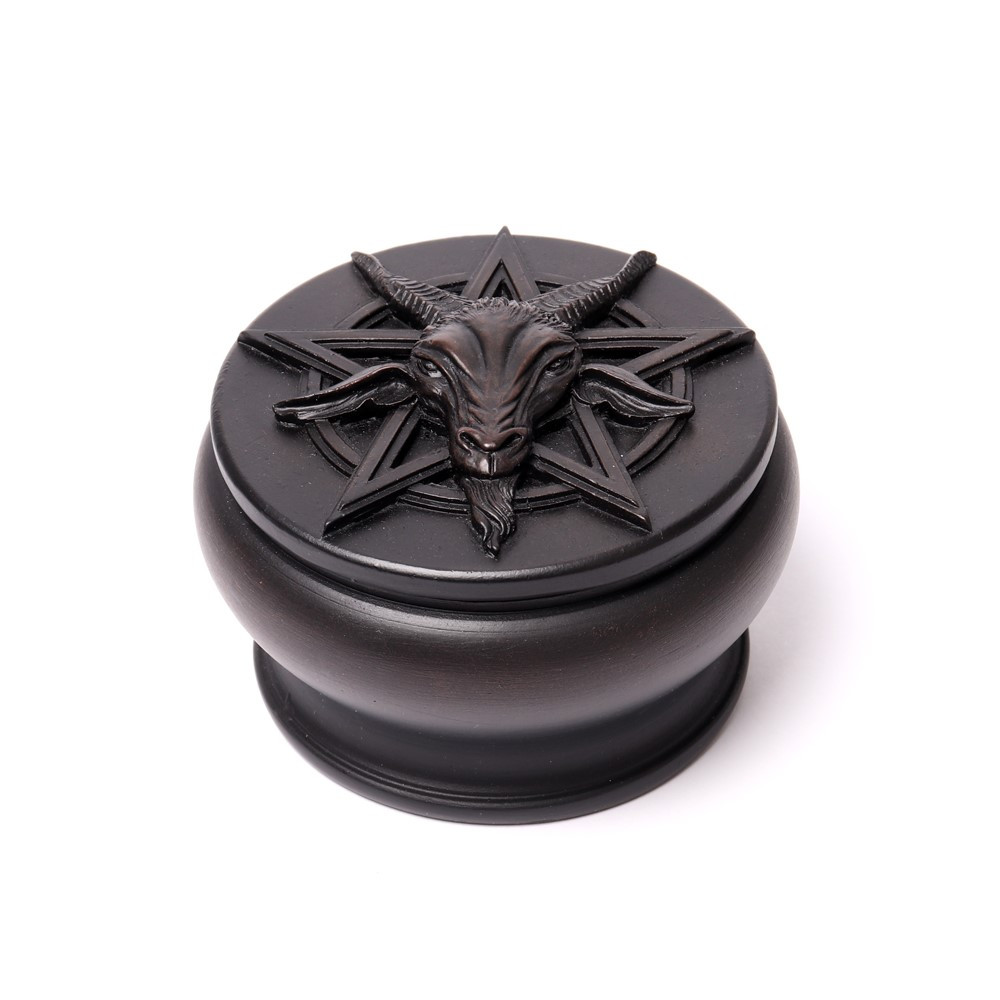 Set upon a casket bearing an occultists pentagram, the goat-headed deity symbolising the balance in all things is often mistaken for 'the evil one' and was the reason for the downfall of the Knights Templar.