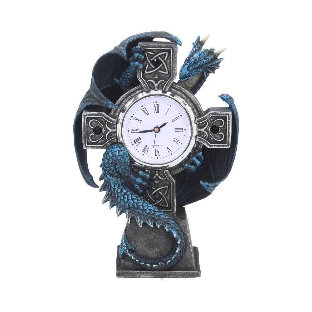Immortalised in resin by alternative brand Nemesis Now, this Gothic Dragon clock comes from the Gothic imagination of globally famous alternative Fantasy artist Anne Stokes. With Celtic knot designs inlaid with black jewels framing the face, this clock is in the shape of a black Celtic cross. Clinging to the back of the cross, this blue Dragon has its wings and head raised, alert to any intruders or would-be thieves. Cast in the finest resin before being carefully hand-painted, this piece is a fantastic way to guard your most treasured possession, time.