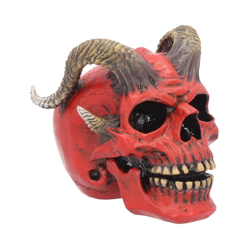 Show you devilish side with this Demon skull! Grinning menacingly, this demonic skull comes from your worst nightmares. Predominantly red in colour, his eye sockets are black, adding to his sinister charm. Two aged ram's horns protrude from the cranium and curl over the edges of the piece. Cast in the finest resin before being painstakingly hand-painted, this skull from alternative brand Nemesis Now is the perfect piece to let any visitors know that you have a dark side.