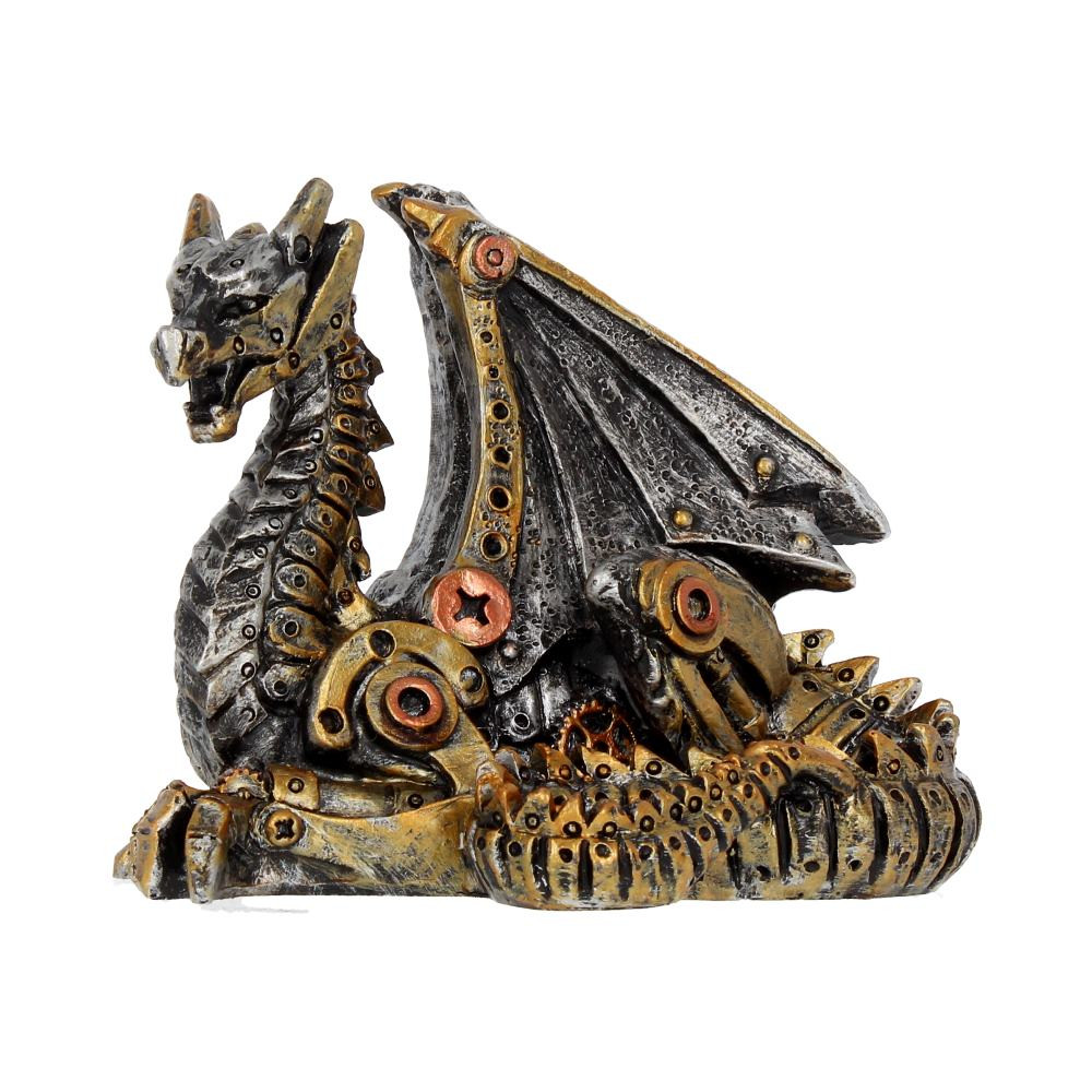 Guard your home with the Mechanical Hatchling from alternative brand Nemesis Now's giftware collection. Sitting majestically, brass tail curled behind them, this Dragon hatchling is made of riveted steel plates and bronze cogs. Wings raised high, they rear their head up, metallic jaws snarling open. Cast in the finest resin and lovingly hand-painted, this fantastic hatchling is the perfect gift for any engineer who needs a pet!