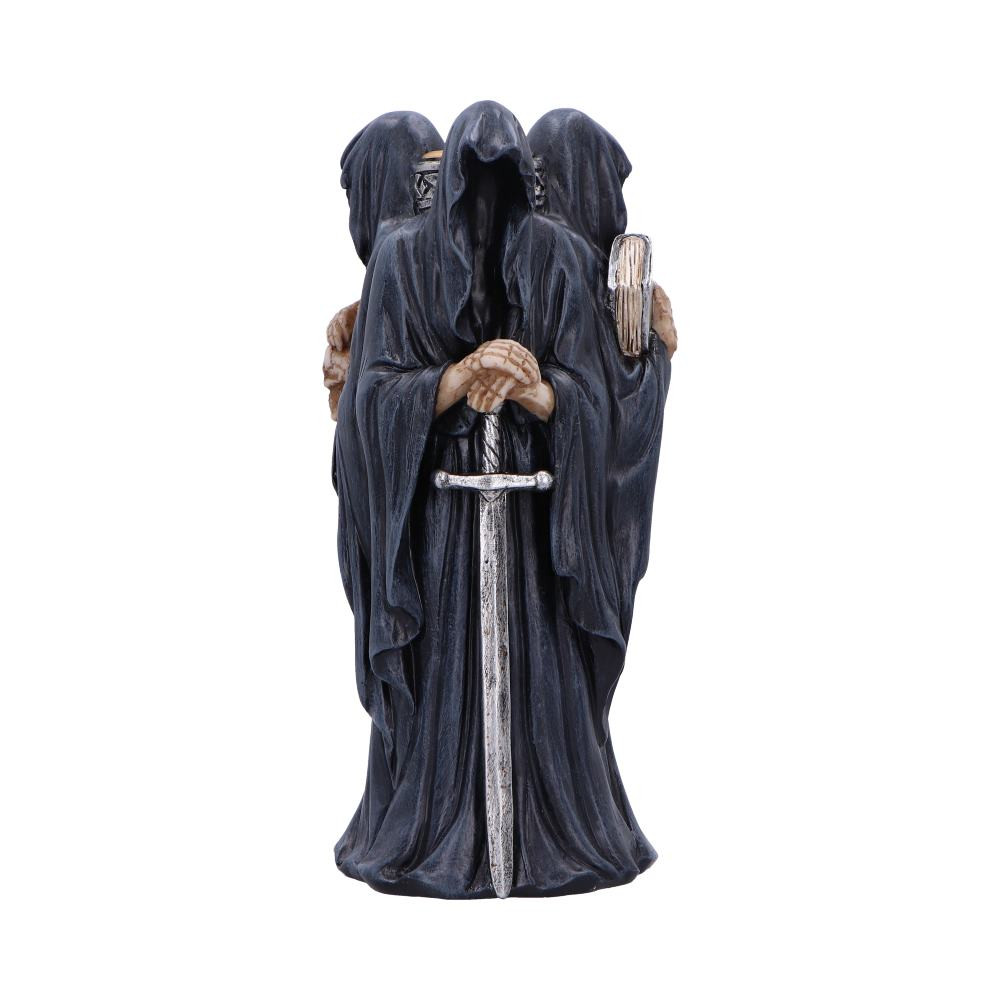 The Endkeepers Candle Holder from Nemesis Now is a striking gothic décor piece featuring three robed, hooded figures guarding a central candle holder. Each figure holds a symbolic item: a sword, a skull, and a book, representing power, mortality, and knowledge. Cast in durable resin and hand-painted with intricate detail, it holds one standard taper candle and brings a moody, mystical atmosphere to any space. Packaged in a branded Nemesis Now box for safe delivery and gifting, this piece is perfect for fans of dark fantasy, occult décor, and gothic art. Add a touch of shadow and symbolism to your home with this powerful statement piece.