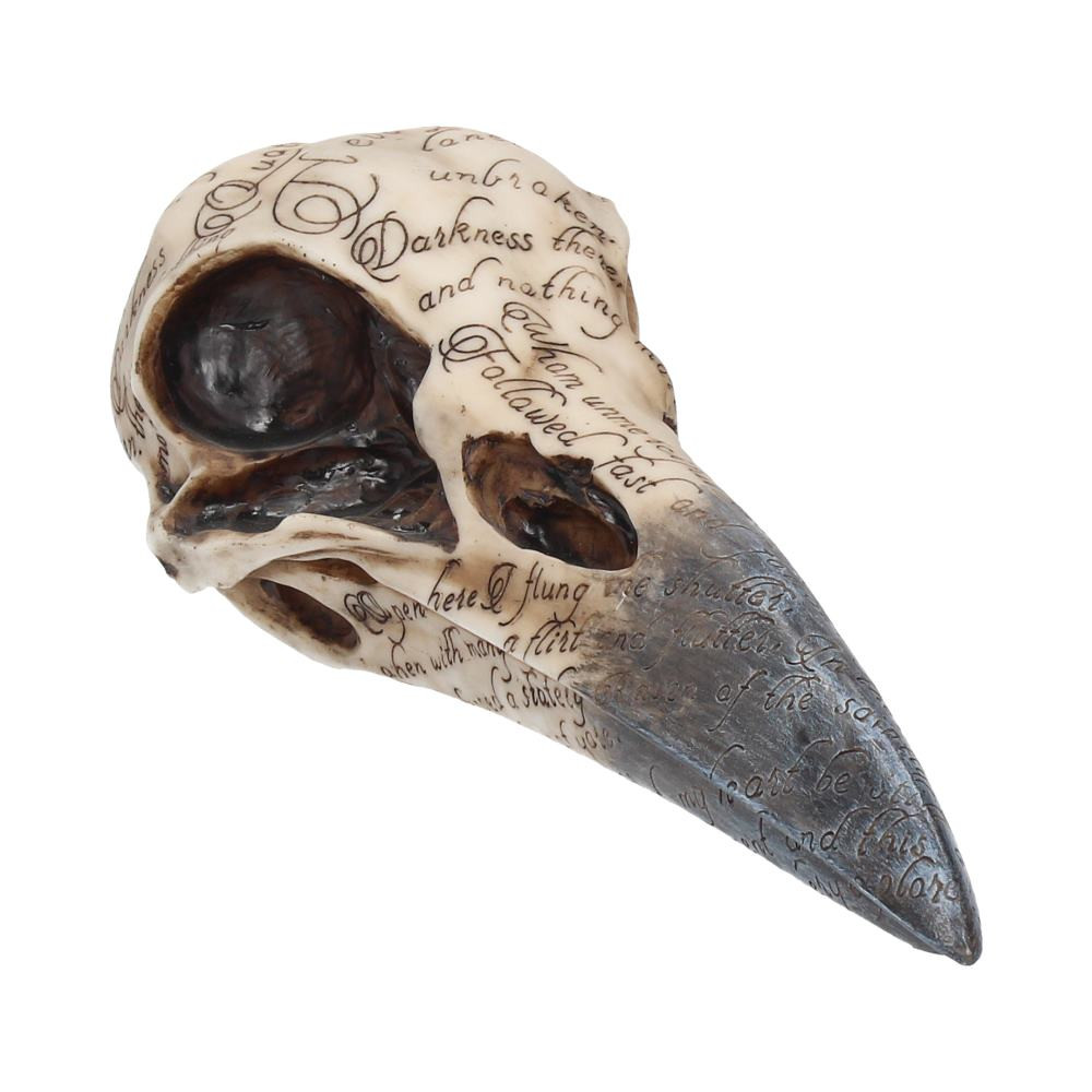 Created by Gothic masters Nemesis Now, this macabre piece is a great talking piece for any home. The intricate sculpting is enhanced by the realistic hand-painted colours and detailing. The skull is covered with engraved scripture, picked out in black, from Poe's narrative poem 'The Raven'. Made from solid cast resin, this heavy weight piece has a solid feel and is perfect for any fan of Poe's Gothic writings.