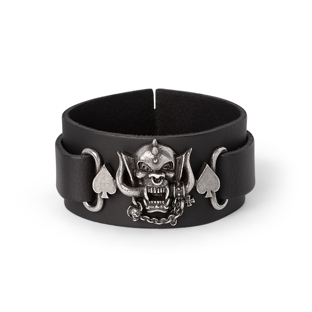 Unleash your inner rocker with this fierce Motorhead Warpig leather bracelet, featuring the legendary Snaggletooth emblem in handcrafted English pewter. Set on a chunky black leather wrist strap and finished with bold Ace of Spades detailing, this bracelet is a true tribute to one of heavy metal's most iconic bands. The antiqued pewter Warpig centerpiece captures the raw aggression and outlaw energy that defines Motorhead's legacy, while the leather strap offers a bold, rugged look worthy of Lemmy himself. Built for fans who live loud, ride hard, and play it fast. • Official-inspired Snaggletooth (Warpig) logo in antiqued English pewter • Chunky black leather strap, tough, adjustable, and full of attitude • Finished with Ace of Spades detailing - the ultimate Motorhead tribute • Handmade in England by expert metal artisans • A statement piece for die-hard fans of classic metal and rock 'n' roll • Ideal for gigs, festivals, biker rallies, or everyday wear Raise hell and wear it proud! This Motorhead pewter & leather wrist strap is heavy metal style at its finest, forged for the road and made to last.