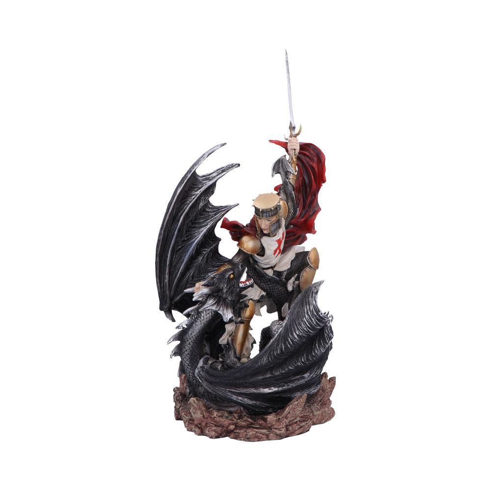 Legend’s Fall – Knight Slaying Dragon Fantasy Figurine Legend’s Fall is a resin battle figurine depicting a knight in golden armour defeating a black dragon. Painted with metallics and crimson accents, mounted on a rocky base. Ideal for medieval, fantasy, or heroic display collections.