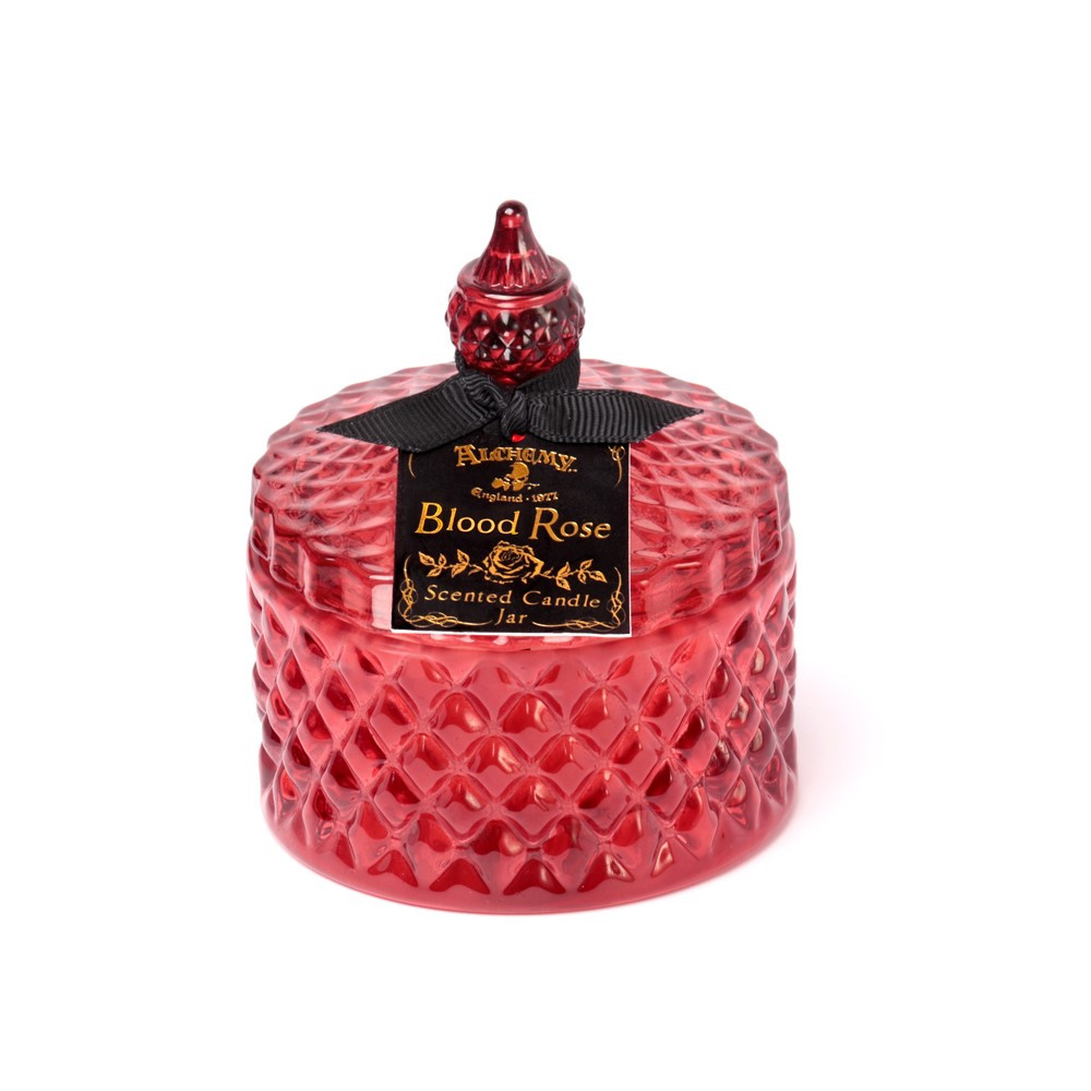 A blood rose red, vintage inspired, lidded candle jar. Encapsulating a sensual scented candle. Light the candle and let the dark sensual aroma of the 'Blood Rose' envelop your boudoir! Once the candle has burnt, this stunning, cut glass effect, jar can then be used to keep safe your trinkets and treasures!