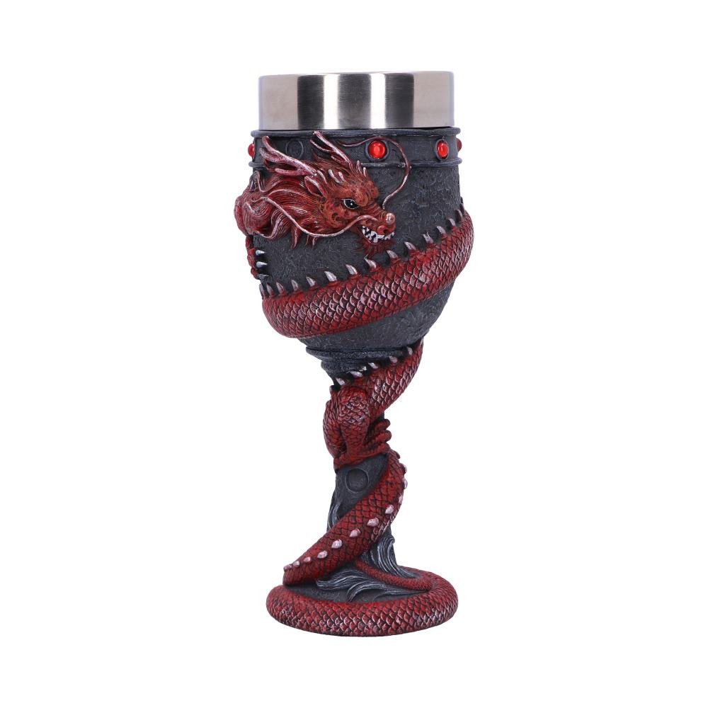 Drink deeply of a rich fantasy world with this enchanting Dragon Coil Goblet. Designed with a red onyx Dragon coiled around the cup, jealously guarding both the inlaid red jewels and your precious drink. With a removable stainless steel insert for ease of cleaning, this goblet makes a mysterious and enticing addition to any home.