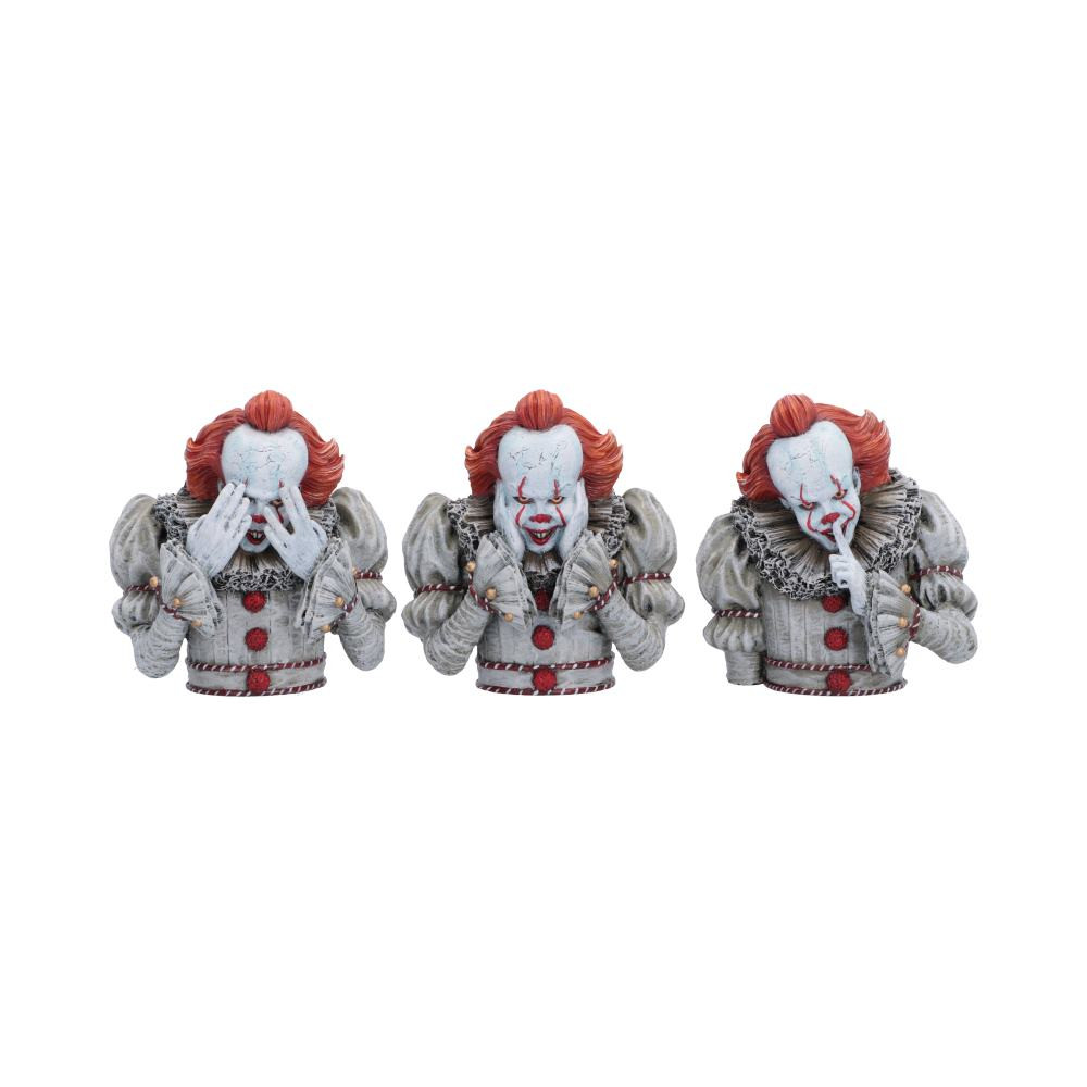 An officially licensed set of Three Wise Pennywise figurines inspired by the 2017 remake of IT, featuring the terrifying clown reimagined in a unique upper torso design. Expertly hand-painted with a high-quality resin construction, each figurine is posed in the iconic “see no evil, hear no evil, speak no evil” arrangement for a striking horror display piece. Packaged within an officially licensed original IT design box, making it suitable for both gifting and collectors. Perfect for horror fans, film memorabilia collectors, and fans of Stephen King’s IT looking for distinctive display items. Bring a chilling edge to your collection with a standout piece that instantly elevates any horror-themed display.