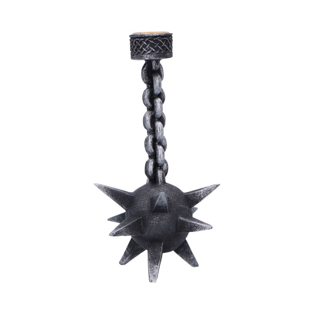 Bring medieval menace to your home with the Meteor Hammer Candle Holder from Nemesis Now. This high-quality resin piece is hand-painted in a matte black finish and designed to resemble a chained, spiked war hammer, complete with a single candle slot for moody, dramatic lighting. Packaged in a Nemesis Now box for safe gifting or display, it’s perfect for gothic home decor lovers, fantasy fans, and anyone looking to add a bold, weapon-inspired accent to their space. Light up your lair with a candle holder that’s as fierce as it is functional.