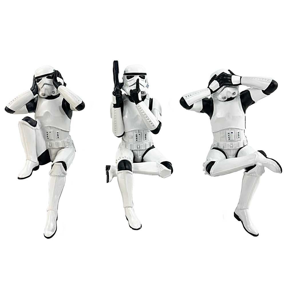 Introducing a whimsical fusion of wisdom and intergalactic charm, our Officially Licensed Original Stormtrooper 3 Wise Shelf Sitters. They are not your ordinary troopers; they have mastered the art of balance and are here to add a touch of cosmic enlightenment to your space. Crafted with meticulous detail, each Stormtrooper strikes a distinctive pose, representing Confucius' famous maxim': See no evil, hear no evil, speak no evil. Cast in the finest resin before being expertly hand-painted, bring some humour and character to your decor with this cheeky trio of Troopers.